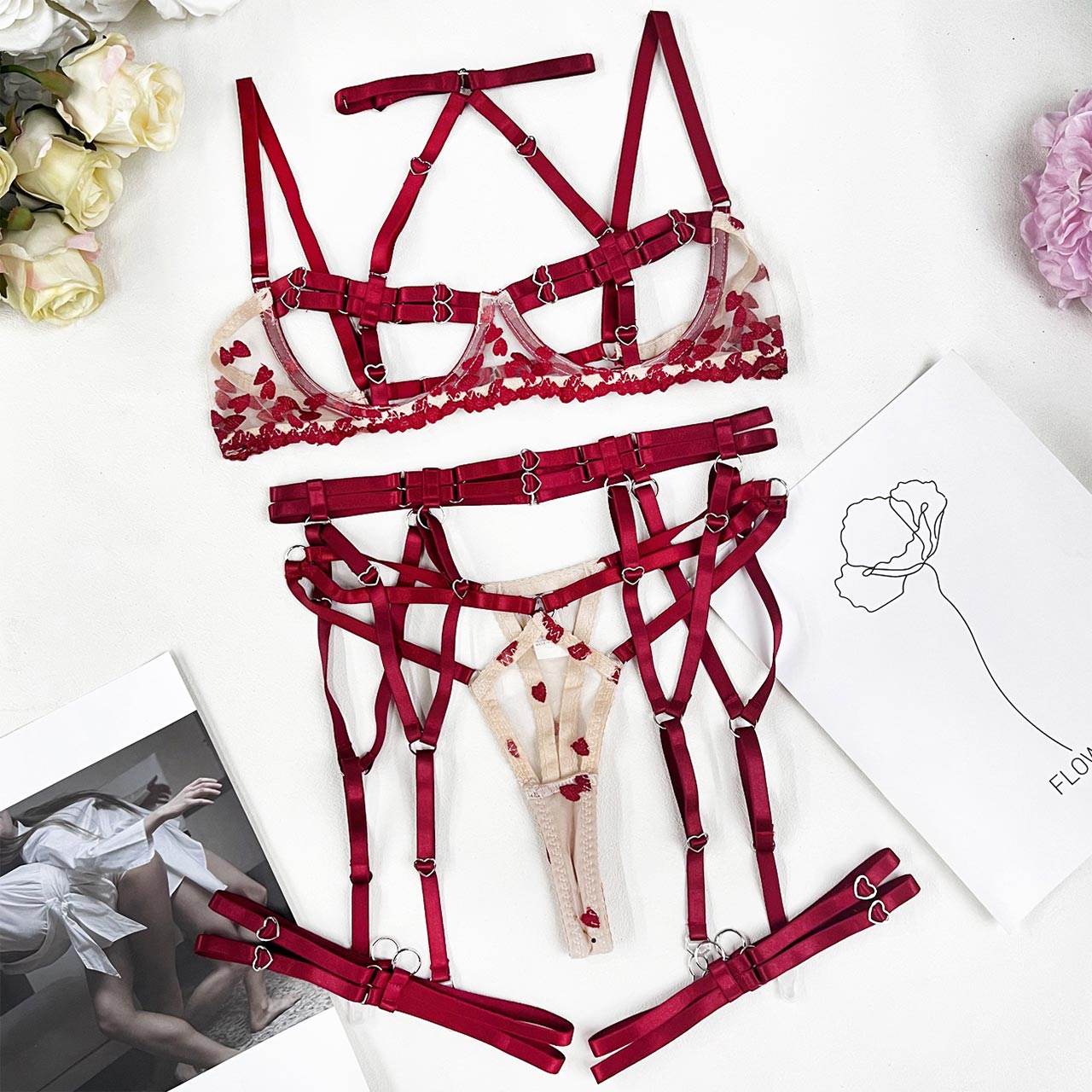 Women's Lingerie Set with Sensual Open Garter Belt, Bra, and Panty from Wonder Skull Store. Meticulously crafted to bring an air of intrigue and romance into your intimate moments. Designed to accentuate feminine curves for an irresistibly attractive look. Made from lightweight, breathable materials for extended comfort. Easy-to-wear and remove garter straps for practicality and sexiness. Versatile ensemble to mix and match for numerous stylistic expressions.