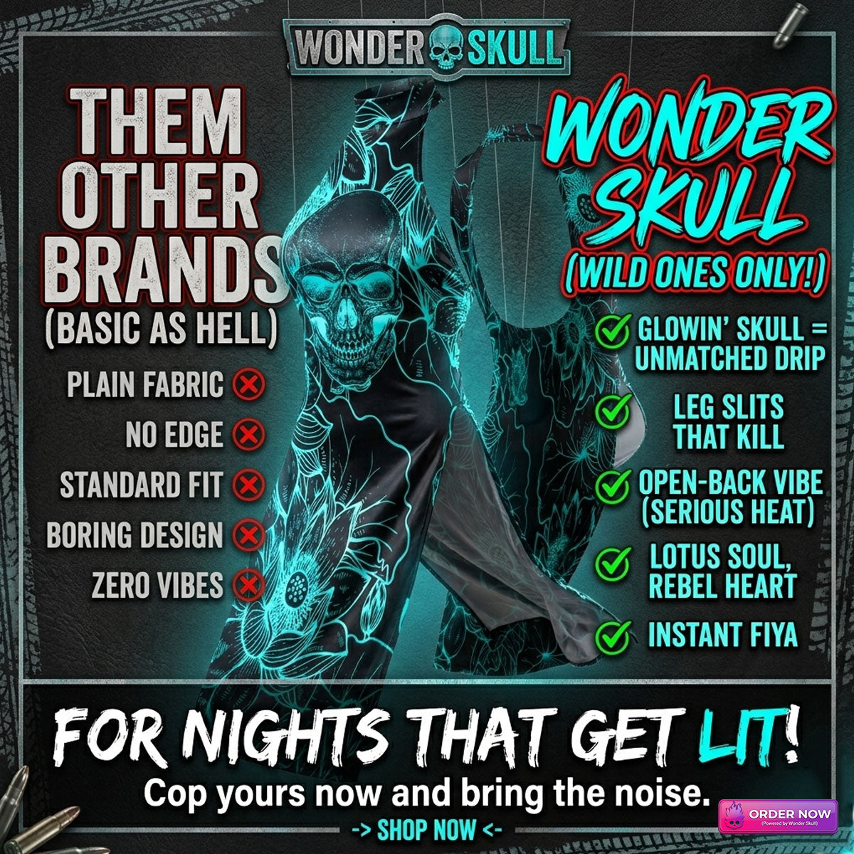 Wonder Skull Women's Lingerie set, featuring a daring skull and floral design with glow-in-the-dark print. Made from soft, stretchable fabric, this versatile lingerie offers comfort and style, perfect for bold fashion statements.