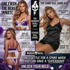 Wonder Skull Women's Lingerie, Ruffle Skull Purple Lace Bra Pant Sleepwear Set combines attitude and style with features like a purple skull print, intricate white lace trim, and playful ruffle details. Designed for comfort and confidence, the set includes adjustable straps for a perfect fit, making it ideal for any day you want to express your unique flair.