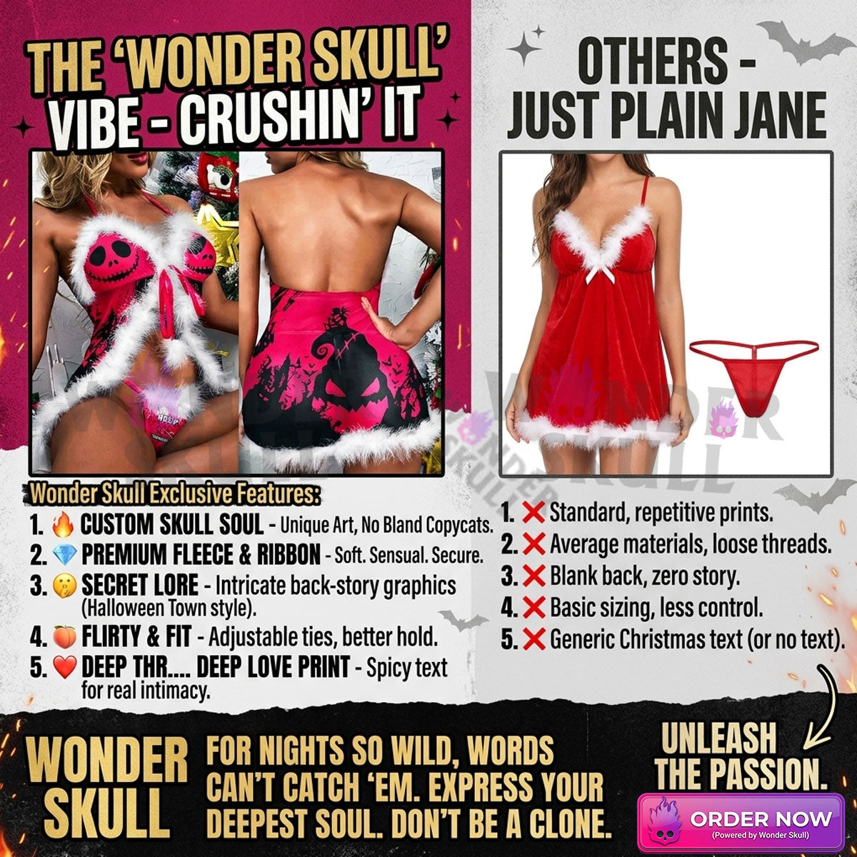 Wonder Skull Women's Nightgown is a stylish and comfortable sleepwear set featuring a faux fur babydoll nightgown and matching thong. Made from soft fabric with adjustable straps, it's perfect for holiday parties or themed events. Its bold design makes it a standout choice for women who love to make an impression, suitable for both special occasions and everyday wear.