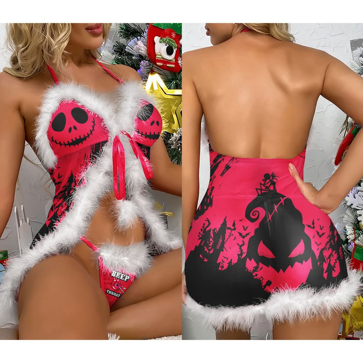 Wonder Skull Women's Nightgown is a stylish and comfortable sleepwear set featuring a faux fur babydoll nightgown and matching thong. Made from soft fabric with adjustable straps, it's perfect for holiday parties or themed events. Its bold design makes it a standout choice for women who love to make an impression, suitable for both special occasions and everyday wear.