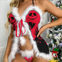 Wonder Skull Women's Nightgown is a stylish and comfortable sleepwear set featuring a faux fur babydoll nightgown and matching thong. Made from soft fabric with adjustable straps, it's perfect for holiday parties or themed events. Its bold design makes it a standout choice for women who love to make an impression, suitable for both special occasions and everyday wear.