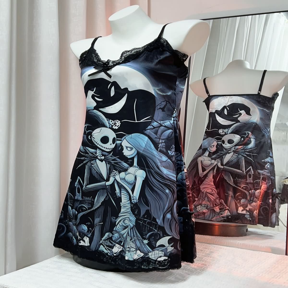 Wonder Skull Women's Nightgown, Dark Nightmare Comfort Adjustable Straps Babydoll Chemise Sleepwear that combines dark romance with comfort and style. Inspired by "The Nightmare Before Christmas," this nightdress features unique patterns, premium fabrics, and adjustable straps for a perfect fit. Ideal for themed parties or lounging at home, it offers durability and easy care, maintaining its enchanting design wash after wash.