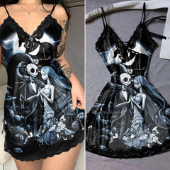 Wonder Skull Women's Nightgown, Dark Nightmare Comfort Adjustable Straps Babydoll Chemise Sleepwear that combines dark romance with comfort and style. Inspired by "The Nightmare Before Christmas," this nightdress features unique patterns, premium fabrics, and adjustable straps for a perfect fit. Ideal for themed parties or lounging at home, it offers durability and easy care, maintaining its enchanting design wash after wash.