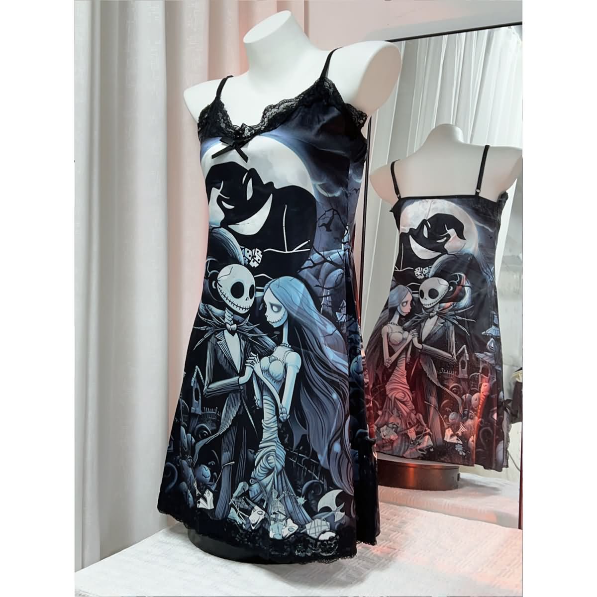 Wonder Skull Women's Nightgown, Dark Nightmare Comfort Adjustable Straps Babydoll Chemise Sleepwear that combines dark romance with comfort and style. Inspired by "The Nightmare Before Christmas," this nightdress features unique patterns, premium fabrics, and adjustable straps for a perfect fit. Ideal for themed parties or lounging at home, it offers durability and easy care, maintaining its enchanting design wash after wash.