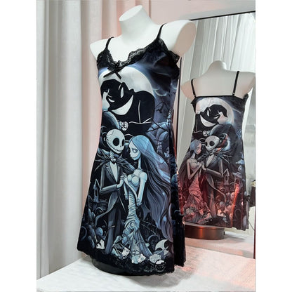 Wonder Skull Women's Nightgown, Dark Nightmare Comfort Adjustable Straps Babydoll Chemise Sleepwear that combines dark romance with comfort and style. Inspired by "The Nightmare Before Christmas," this nightdress features unique patterns, premium fabrics, and adjustable straps for a perfect fit. Ideal for themed parties or lounging at home, it offers durability and easy care, maintaining its enchanting design wash after wash.