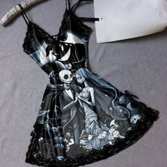 Wonder Skull Women's Nightgown, Dark Nightmare Comfort Adjustable Straps Babydoll Chemise Sleepwear that combines dark romance with comfort and style. Inspired by "The Nightmare Before Christmas," this nightdress features unique patterns, premium fabrics, and adjustable straps for a perfect fit. Ideal for themed parties or lounging at home, it offers durability and easy care, maintaining its enchanting design wash after wash.