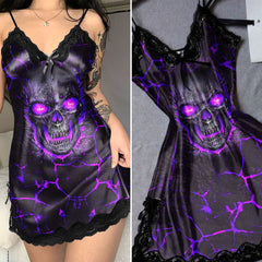 Wonder Skull Glowing Purple Skull Chemise combines comfort and edgy style with bold skull graphics, silky fabric, and adjustable straps. Perfect for relaxing, romantic nights, or as a unique gift for fans of alternative fashion.