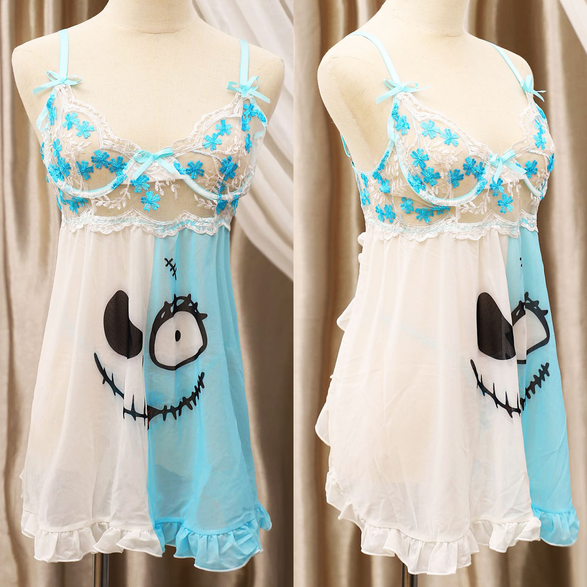 Upgrade your sleepwear with the Wonder Skull Women's Nightgown and Lace Babydoll Lingerie Set. Featuring a unique skull and floral design, breathable fabric, and an elegant open-back lace style with adjustable straps, it combines comfort and style for lounging or relaxing at home.