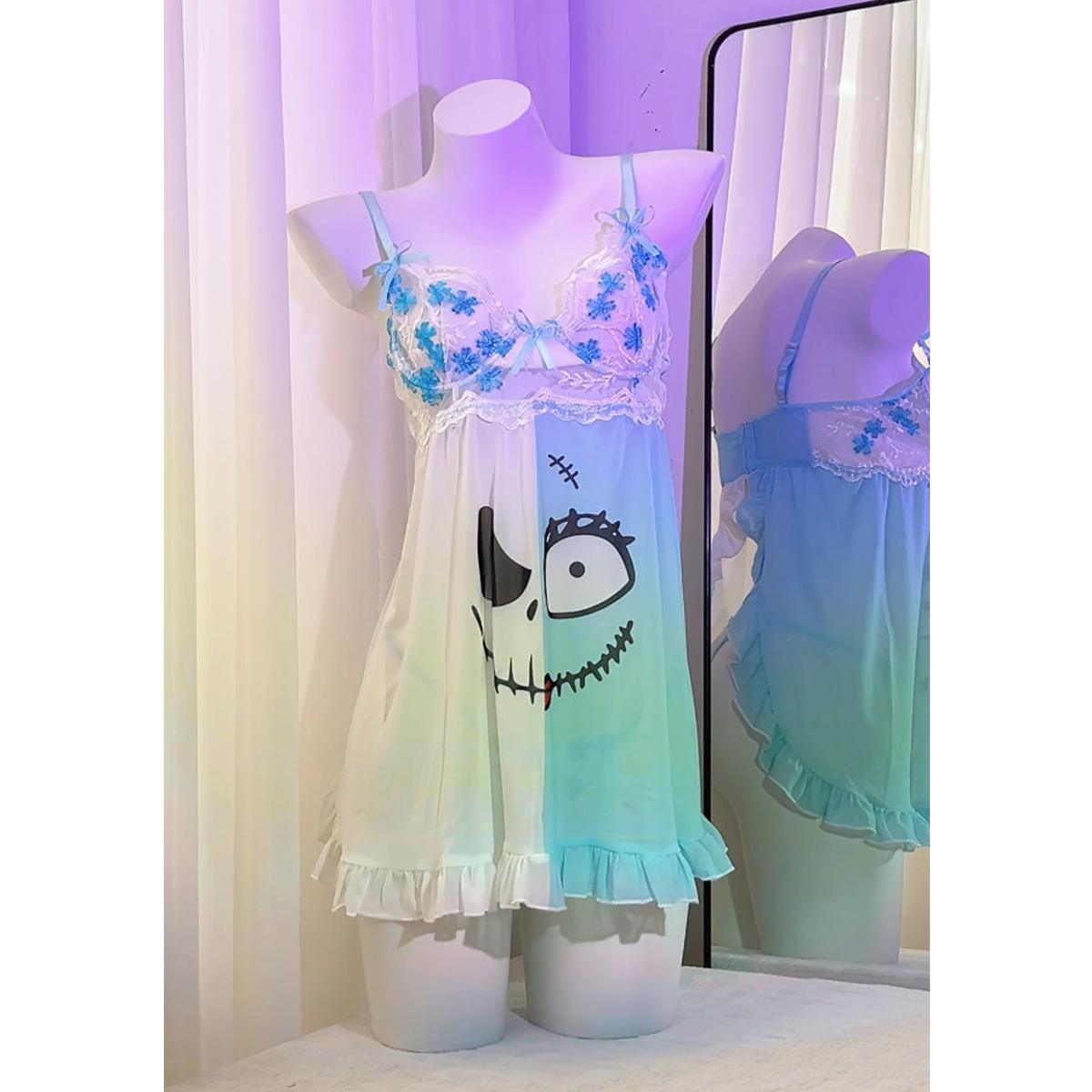 Upgrade your sleepwear with the Wonder Skull Women's Nightgown and Lace Babydoll Lingerie Set. Featuring a unique skull and floral design, breathable fabric, and an elegant open-back lace style with adjustable straps, it combines comfort and style for lounging or relaxing at home.