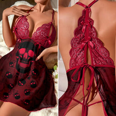 Wonder Skull Women's Nightgown combines comfort with edgy style, featuring a bold skull print, cheeky back design, and feminine lace trim. Perfect for lounging or casual wear, it offers a flattering fit with adjustable ties and a lightweight, flowy skirt. Ideal for women seeking unique, stylish nightwear with a playful twist.