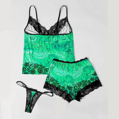 Stay stylish and comfortable with the Wonder Skull Women's Pajama Set. Featuring bold skull and rose prints, neon green accents, and soft lace details, this lightweight, breathable 3-piece set blends gothic style with ultimate comfort—perfect for lounging or sleeping.