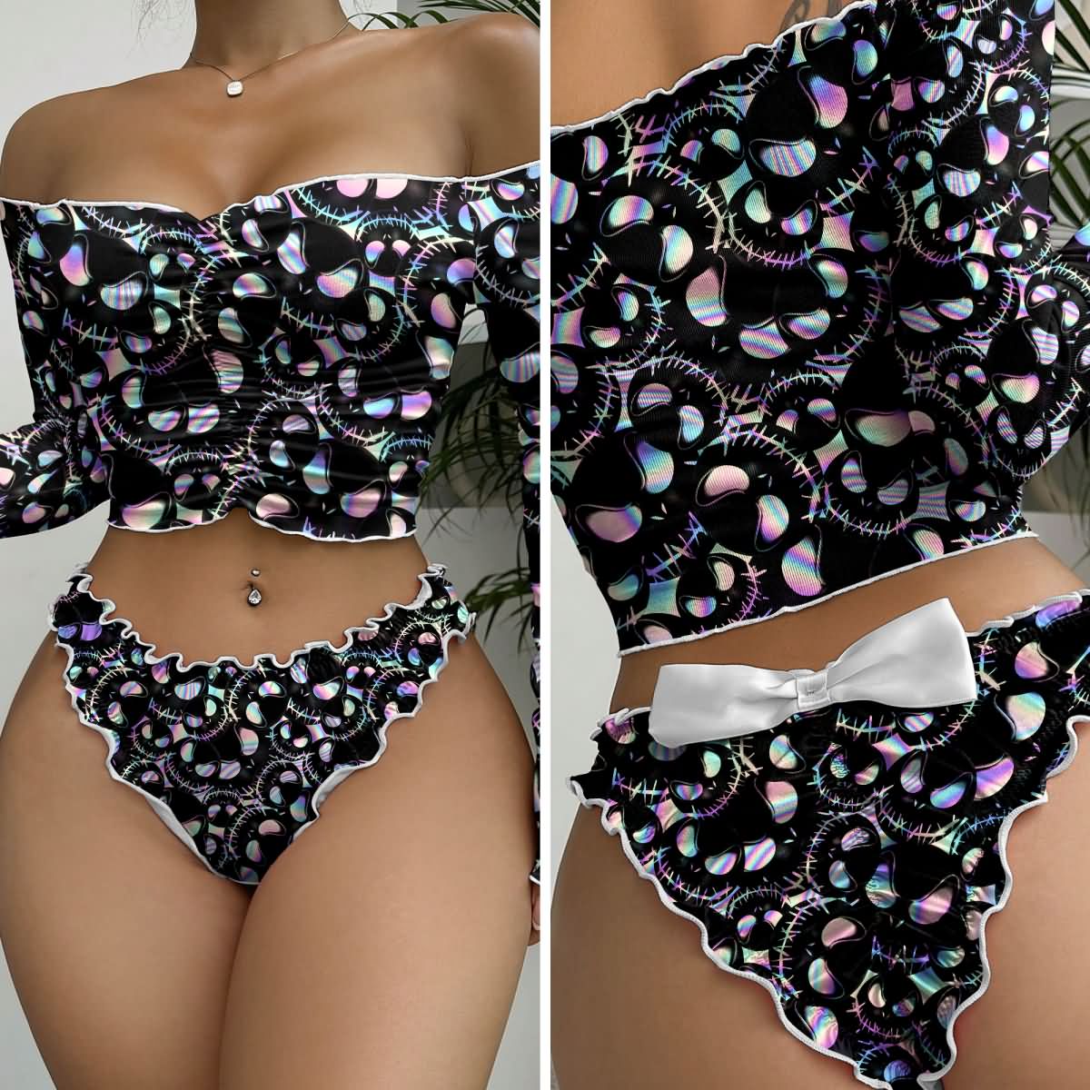 Wonder Skull Women's Pajama Set, featuring a unique iridescent design that adds a touch of glamour to your loungewear. The soft, stretchy material ensures a perfect fit for ultimate comfort, while playful ruffles and a chic bow detail add a fun and stylish element. Perfect for any occasion, from slumber parties to lazy days at home.