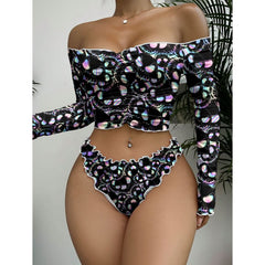 Wonder Skull Women's Pajama Set, featuring a unique iridescent design that adds a touch of glamour to your loungewear. The soft, stretchy material ensures a perfect fit for ultimate comfort, while playful ruffles and a chic bow detail add a fun and stylish element. Perfect for any occasion, from slumber parties to lazy days at home.