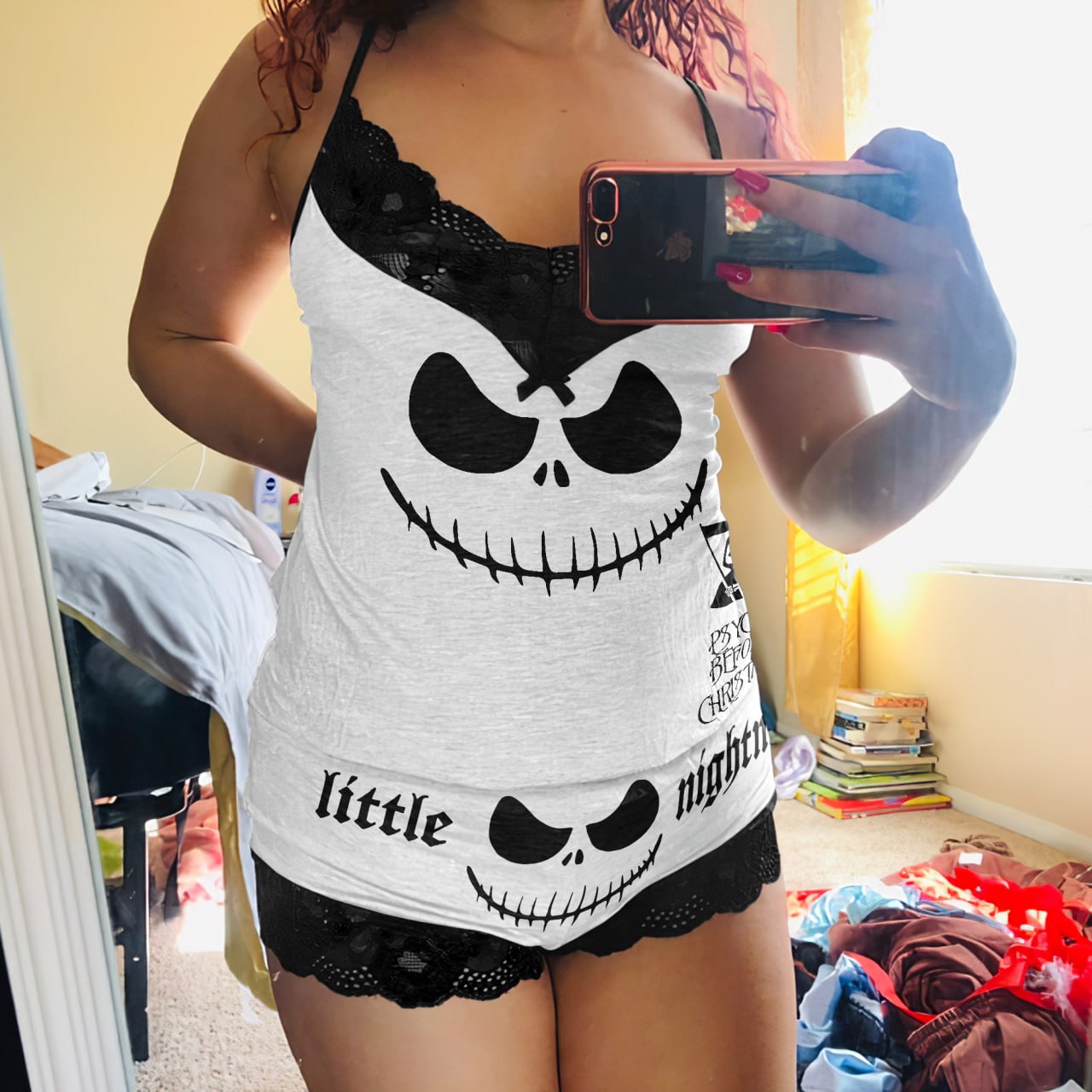  Wonder Skull "Little Nightmare" Sleepwear Set features playful skull designs and elegant lace details for a whimsical yet sophisticated look. Made from high-quality materials, it offers comfort and durability, perfect for lounging and sleeping. This stylish set is a must-have for a unique nighttime wardrobe.