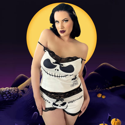  Wonder Skull "Unique Iconic Printing" Sleepwear Set features playful skull designs and elegant lace details for a whimsical yet sophisticated look. Made from high-quality materials, it offers comfort and durability, perfect for lounging and sleeping. This stylish set is a must-have for a unique nighttime wardrobe.