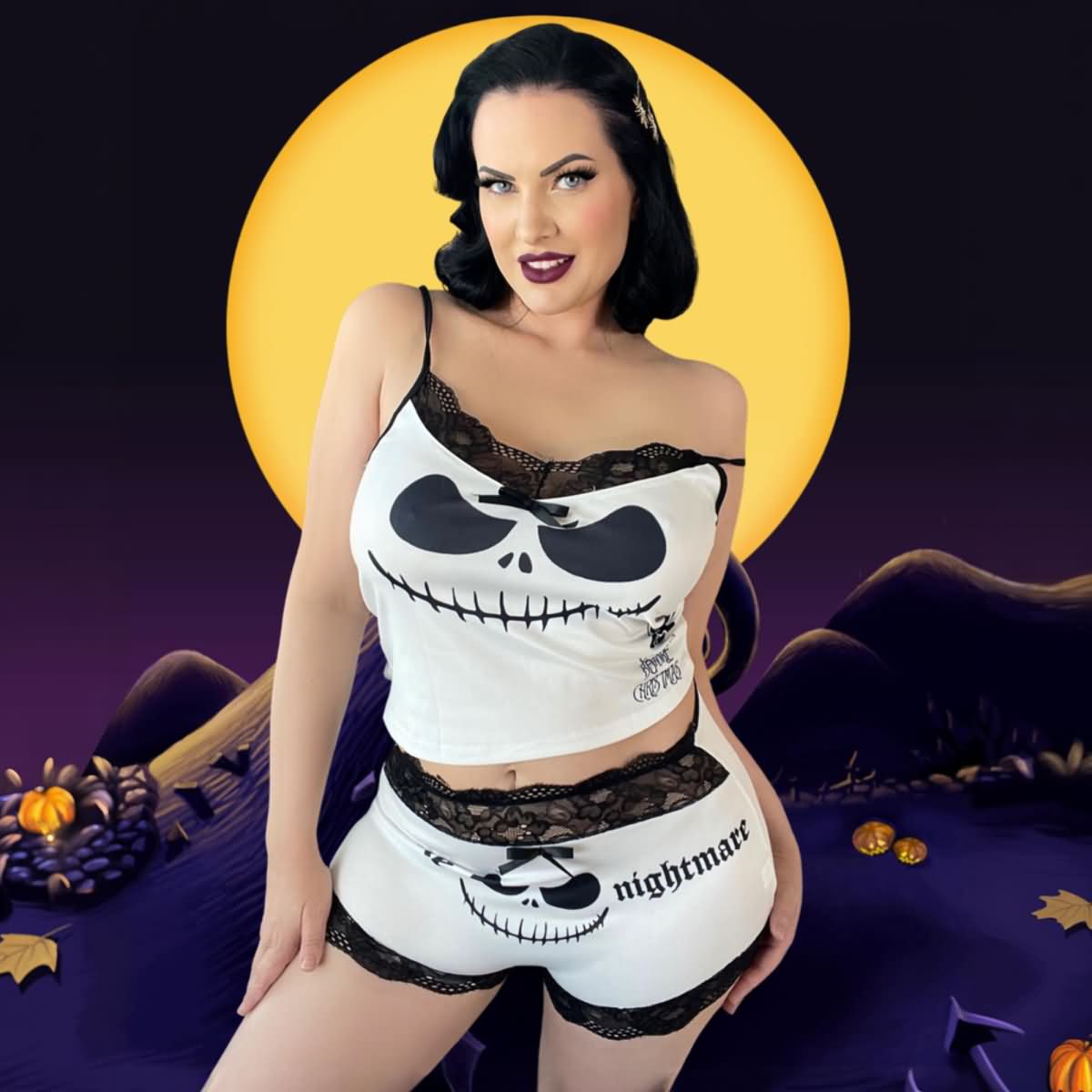 Wonder Skull "Little Nightmare" Sleepwear Set features playful skull designs and elegant lace details for a whimsical yet sophisticated look. Made from high-quality materials, it offers comfort and durability, perfect for lounging and sleeping. This stylish set is a must-have for a unique nighttime wardrobe.