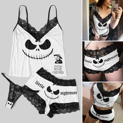  Wonder Skull "Unique Iconic Printing" Sleepwear Set features playful skull designs and elegant lace details for a whimsical yet sophisticated look. Made from high-quality materials, it offers comfort and durability, perfect for lounging and sleeping. This stylish set is a must-have for a unique nighttime wardrobe.