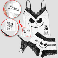  Wonder Skull "Little Nightmare" Sleepwear Set features playful skull designs and elegant lace details for a whimsical yet sophisticated look. Made from high-quality materials, it offers comfort and durability, perfect for lounging and sleeping. This stylish set is a must-have for a unique nighttime wardrobe.