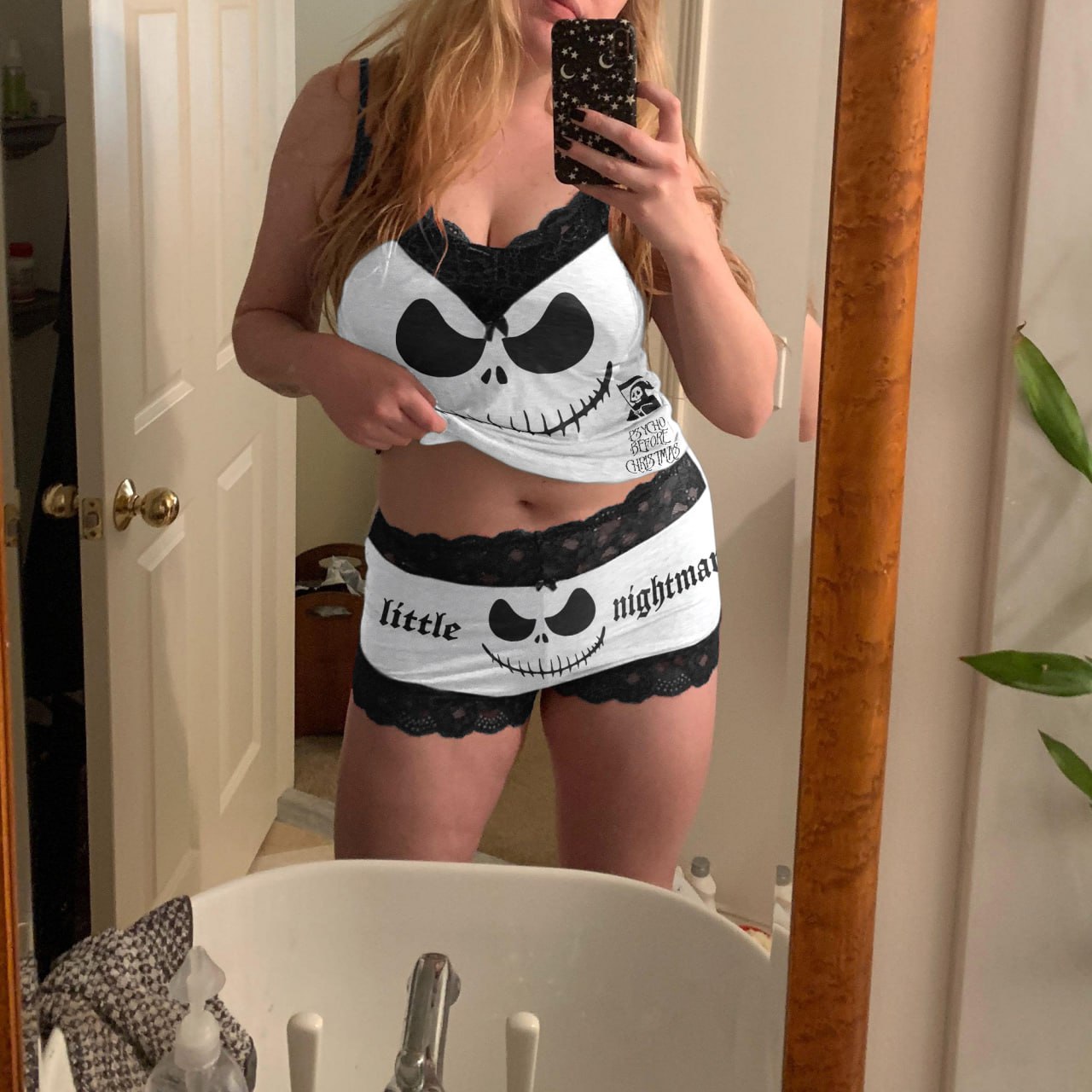  Wonder Skull "Unique Iconic Printing" Sleepwear Set features playful skull designs and elegant lace details for a whimsical yet sophisticated look. Made from high-quality materials, it offers comfort and durability, perfect for lounging and sleeping. This stylish set is a must-have for a unique nighttime wardrobe.