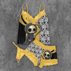 Wonder Skull Women's Pajama Set features vibrant yellow lace accents and a unique skull print. Made from soft, breathable fabric with adjustable straps, it's stylish, comfortable, and perfect for cozy nights.