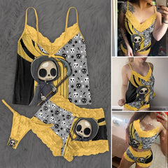 Wonder Skull Women's Pajama Set features vibrant yellow lace accents and a unique skull print. Made from soft, breathable fabric with adjustable straps, it's stylish, comfortable, and perfect for cozy nights.