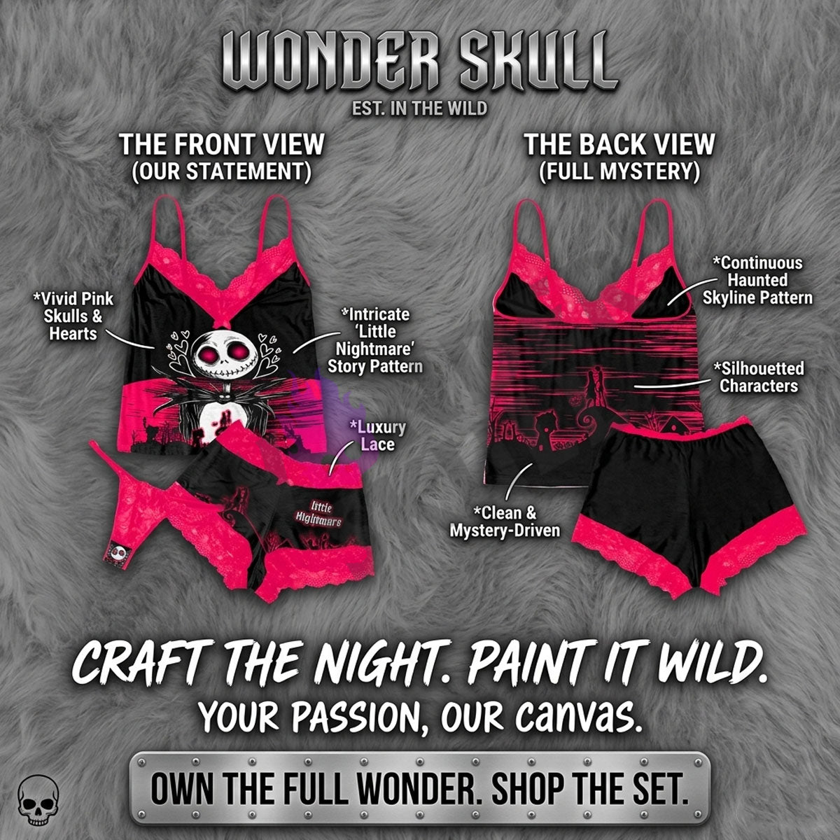 Wonder Skull Black Pink Skull Romantic Gothic Pajama Sleepwear Lace Set combines gothic charm with cozy confidence. The bold black-and-pink design pairs edgy skull graphics with delicate lace, blending sweetness with rebellion. Slip into this set for comfort and attitude—sleepwear that matches your fearless spirit.
