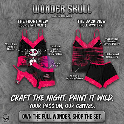 Wonder Skull Black Pink Skull Romantic Gothic Pajama Sleepwear Lace Set combines gothic charm with cozy confidence. The bold black-and-pink design pairs edgy skull graphics with delicate lace, blending sweetness with rebellion. Slip into this set for comfort and attitude—sleepwear that matches your fearless spirit.