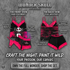 Wonder Skull Black Pink Skull Romantic Gothic Pajama Sleepwear Lace Set combines gothic charm with cozy confidence. The bold black-and-pink design pairs edgy skull graphics with delicate lace, blending sweetness with rebellion. Slip into this set for comfort and attitude—sleepwear that matches your fearless spirit.