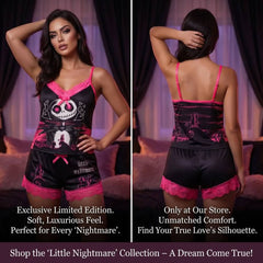 Wonder Skull Black Pink Skull Romantic Gothic Pajama Sleepwear Lace Set combines gothic charm with cozy confidence. The bold black-and-pink design pairs edgy skull graphics with delicate lace, blending sweetness with rebellion. Slip into this set for comfort and attitude—sleepwear that matches your fearless spirit.