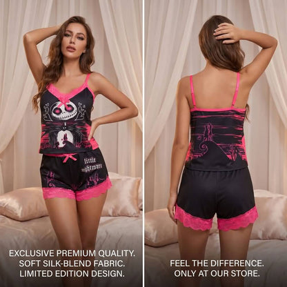 Wonder Skull Black Pink Skull Romantic Gothic Pajama Sleepwear Lace Set combines gothic charm with cozy confidence. The bold black-and-pink design pairs edgy skull graphics with delicate lace, blending sweetness with rebellion. Slip into this set for comfort and attitude—sleepwear that matches your fearless spirit.