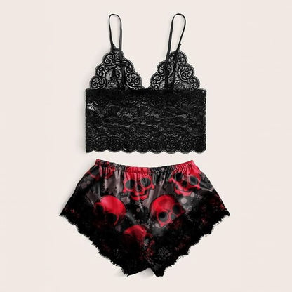 Wonder Skull sleepwear set combines comfort and bold style. The black floral lace trim on the cami and shorts feels soft on your skin, while lightweight, breathable fabric keeps you cool all night. Adjustable straps ensure a perfect fit, and the red skull print adds an edgy, confident touch.
