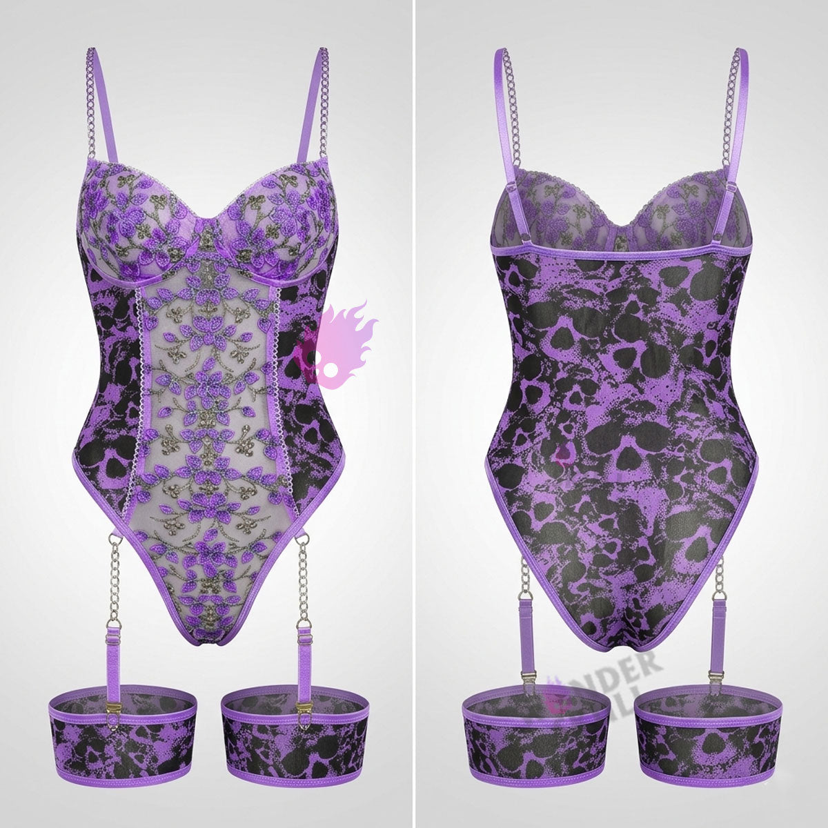 Wonder Skull Women's Purple Lace Lingerie is a stylish one-piece bodysuit with a luxurious design, customizable fit, built-in bust support, and detachable garter straps. Perfect for adding elegance and confidence to your lingerie collection.