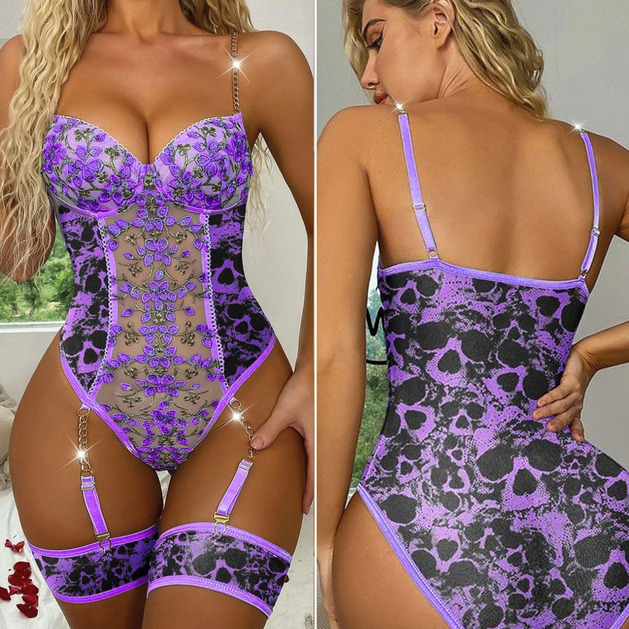 Wonder Skull Women's Purple Lace Lingerie is a stylish one-piece bodysuit with a luxurious design, customizable fit, built-in bust support, and detachable garter straps. Perfect for adding elegance and confidence to your lingerie collection.