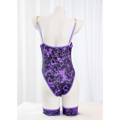 Wonder Skull Women's Purple Lace Lingerie is a stylish one-piece bodysuit with a luxurious design, customizable fit, built-in bust support, and detachable garter straps. Perfect for adding elegance and confidence to your lingerie collection.