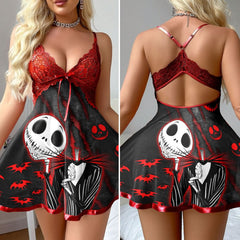  Wonder Skull Women's Red Lace Nightgown is an elegant and alluring lingerie piece with 'Nightmare-themed' prints. Made from soft red lace, it features a strappy back and contrast trims for added seduction. Perfect for special occasions, it offers comfort and a touch of mystery, making the wearer feel confident and captivating.