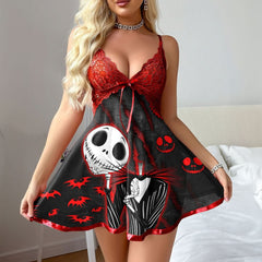  Wonder Skull Women's Red Lace Nightgown is an elegant and alluring lingerie piece with 'Nightmare-themed' prints. Made from soft red lace, it features a strappy back and contrast trims for added seduction. Perfect for special occasions, it offers comfort and a touch of mystery, making the wearer feel confident and captivating.