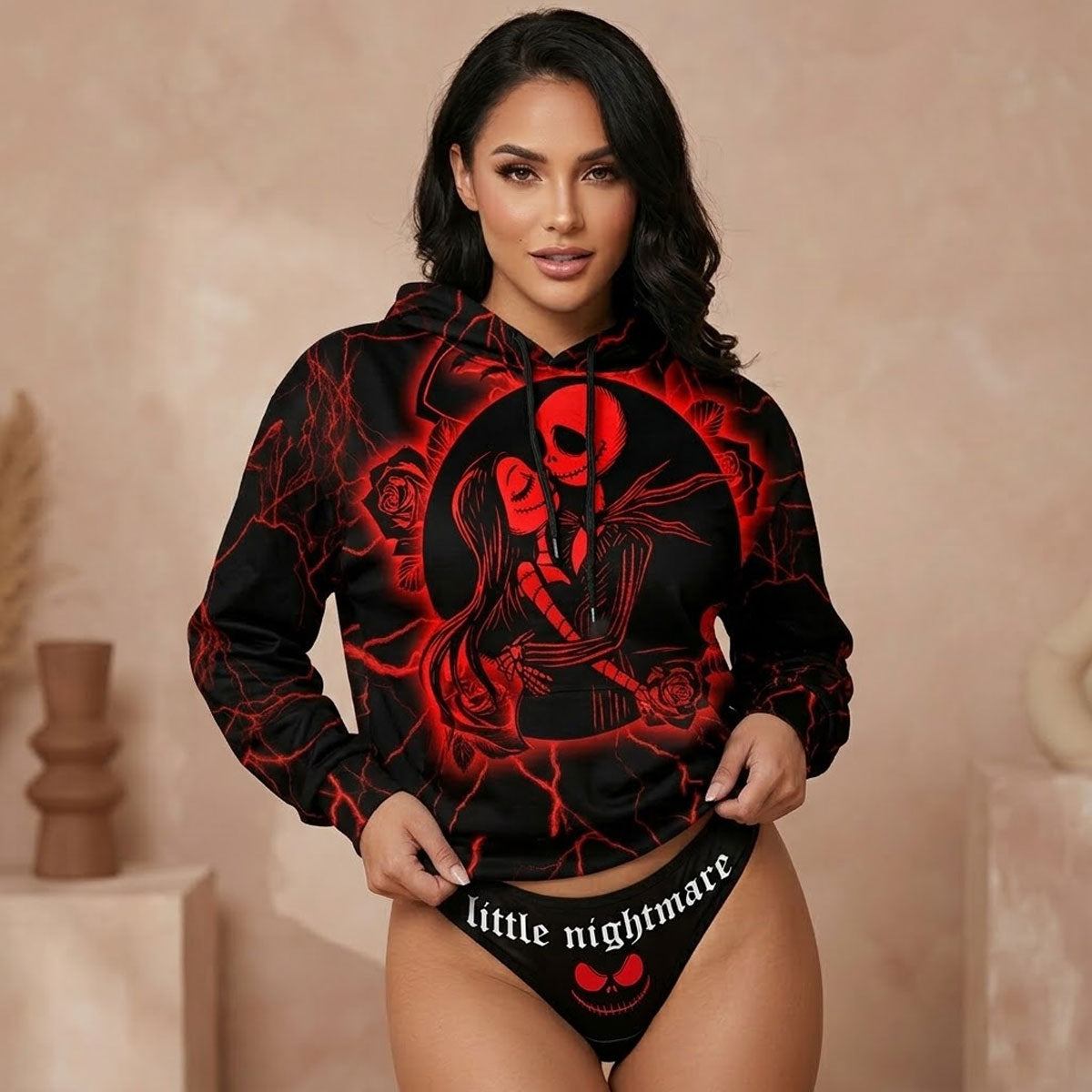 Stay cozy and stylish with this Wonder Skull Women's red and black skeleton-themed hoodie thong set. Featuring a striking skeleton and roses design, ultra-soft fabric, and durable construction, it's perfect for lounging at home or making a bold statement on the go. Comfortable, versatile, and built to last—this set combines fashion and function effortlessly.