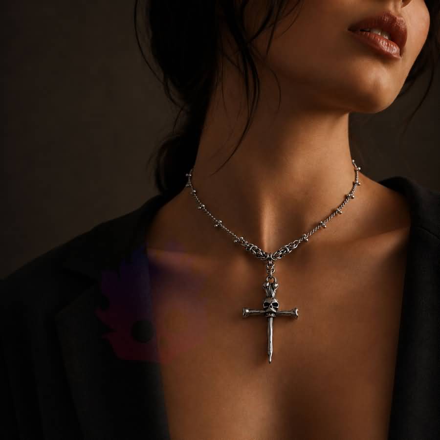 Wonder Skull gothic day collar features a bold skull-and-crossbones pendant on a delicate chain with sphere accents. With adjustable length options and a lobster clasp, it offers both style and practicality. Perfect for discreet D/s symbolism and alternative fashion, this silver-tone necklace is designed to sit close and make a statement.
