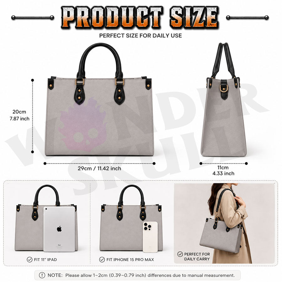 Wonder Skull structured tote bag solves the "I can't find anything in my bag" problem. The roomy interior fits your tablet, phone, wallet, water bottle, umbrella, and cosmetics — without the overstuffed look. Multiple interior pockets keep everything organized, so you're never digging around at checkout. Reinforced rivet corners and quality metal hardware ensure the bag holds up to daily use. Whether you're heading to work, running errands, or catching a flight, this tote keeps you looking put-together.
