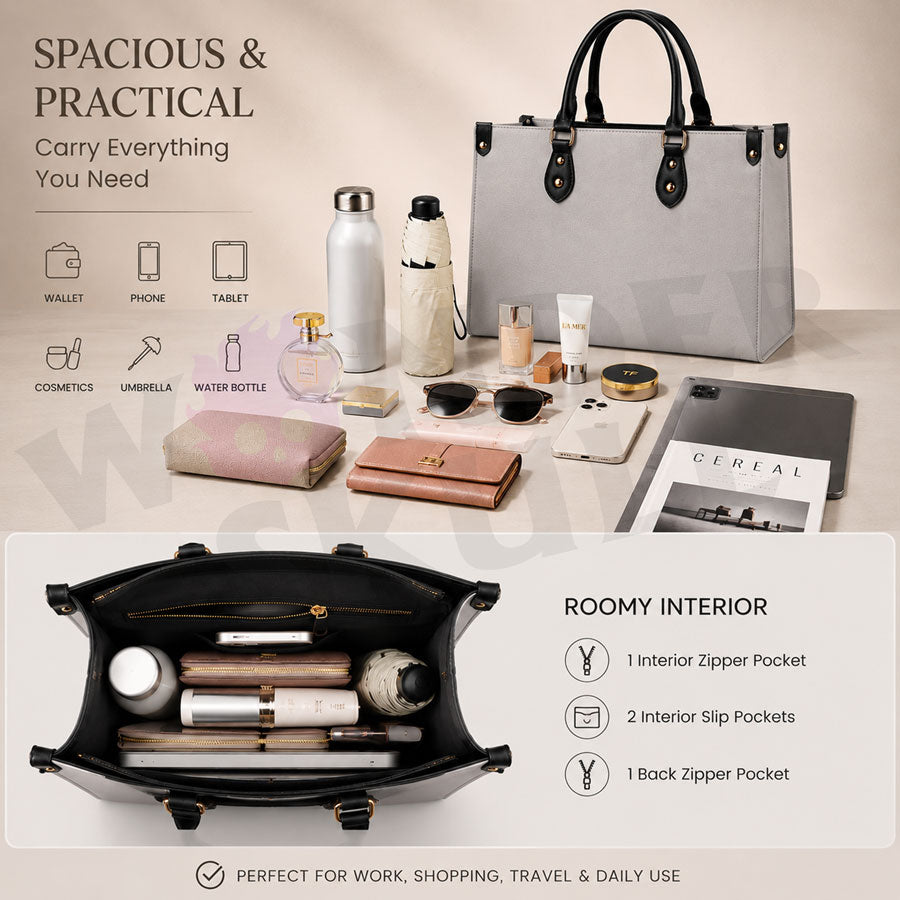 Wonder Skull structured tote bag solves the "I can't find anything in my bag" problem. The roomy interior fits your tablet, phone, wallet, water bottle, umbrella, and cosmetics — without the overstuffed look. Multiple interior pockets keep everything organized, so you're never digging around at checkout. Reinforced rivet corners and quality metal hardware ensure the bag holds up to daily use. Whether you're heading to work, running errands, or catching a flight, this tote keeps you looking put-together.