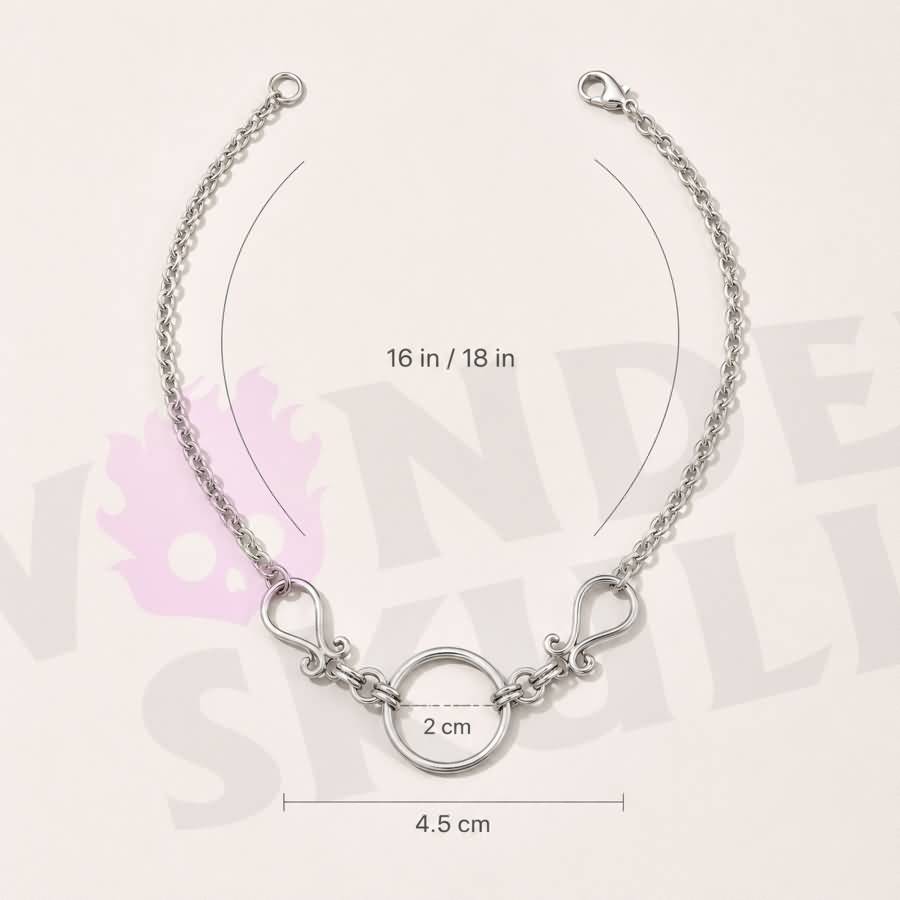 Wonder Skull Scrolled O-Ring Day Collar - Stainless Steel Sub Necklace

A quiet promise of devotion. A polished stainless steel chain connects to delicate filigree scrolls framing a 2 cm O-ring—a timeless symbol of connection.

Waterproof, tarnish-resistant, and built for 24/7 wear. Available in 16" or 18", it's discreet enough for daily wear, yet too meaningful to take off. Elegant to the world, unmistakable to the one who knows.