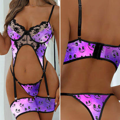 Wonder Skull Wicked Wink Lace Garter Bodysuit combines edgy style with comfort. Featuring a bold skull pattern, shimmering violet color, embroidered cups, and adjustable garters, this curve-flattering lingerie is perfect for lounging or showing off. Add a daring touch to your collection with this stylish, sultry piece.