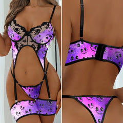 Wonder Skull Wicked Wink Lace Garter Bodysuit combines edgy style with comfort. Featuring a bold skull pattern, shimmering violet color, embroidered cups, and adjustable garters, this curve-flattering lingerie is perfect for lounging or showing off. Add a daring touch to your collection with this stylish, sultry piece.