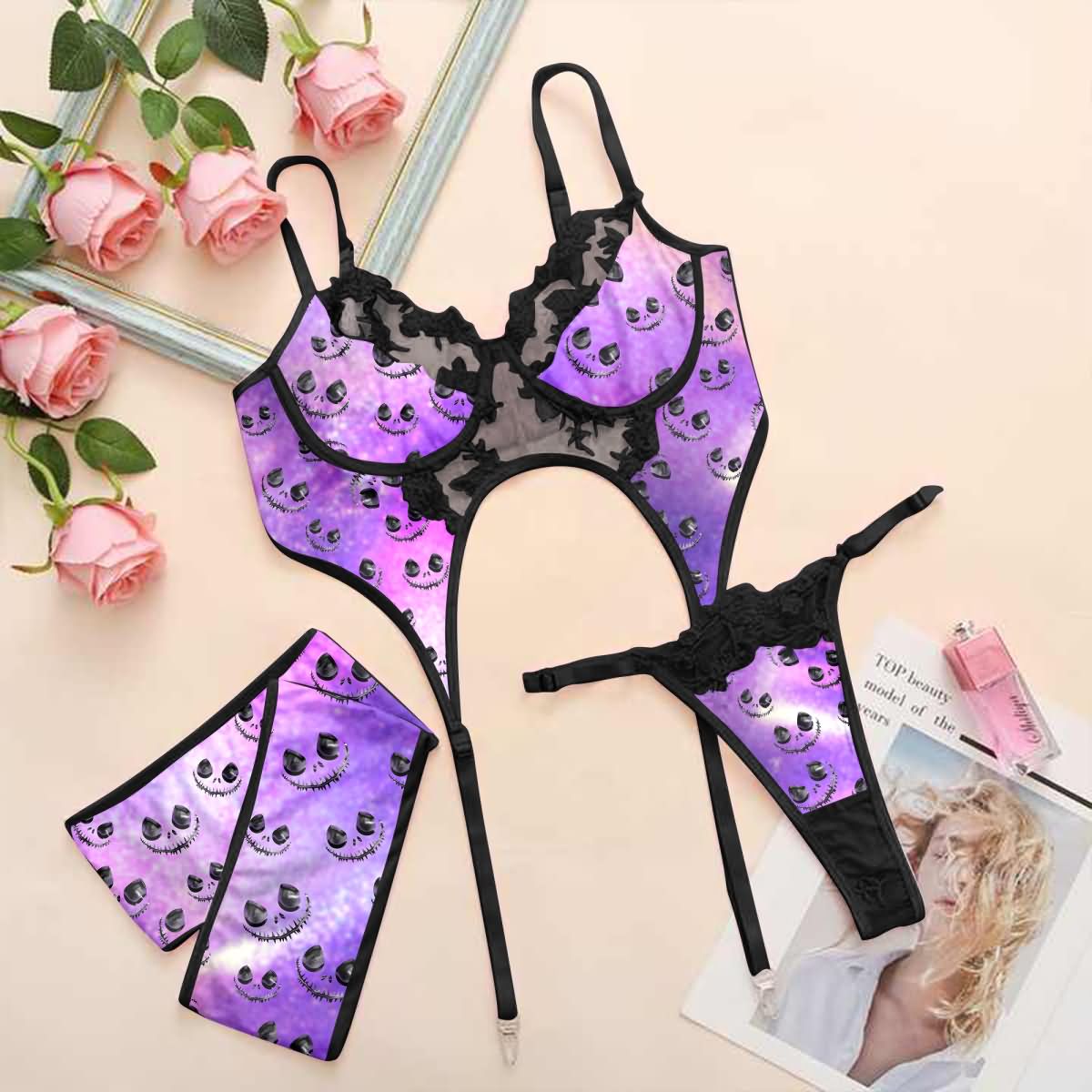 Wonder Skull Wicked Wink Lace Garter Bodysuit combines edgy style with comfort. Featuring a bold skull pattern, shimmering violet color, embroidered cups, and adjustable garters, this curve-flattering lingerie is perfect for lounging or showing off. Add a daring touch to your collection with this stylish, sultry piece.