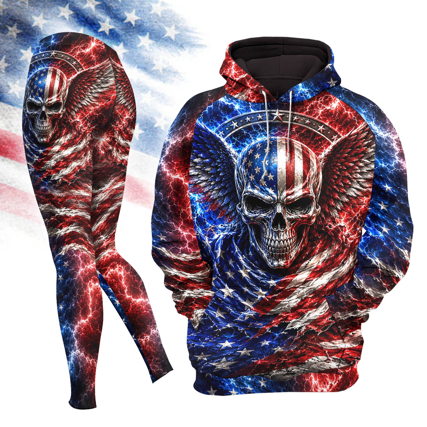Women Hoodie and Leggings, Patriot Skull Lightning Art Outwear Pants Outfit