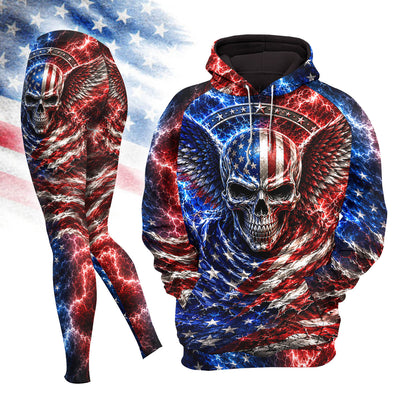 Women Hoodie and Leggings, Patriot Skull Lightning Art Outwear Pants Outfit