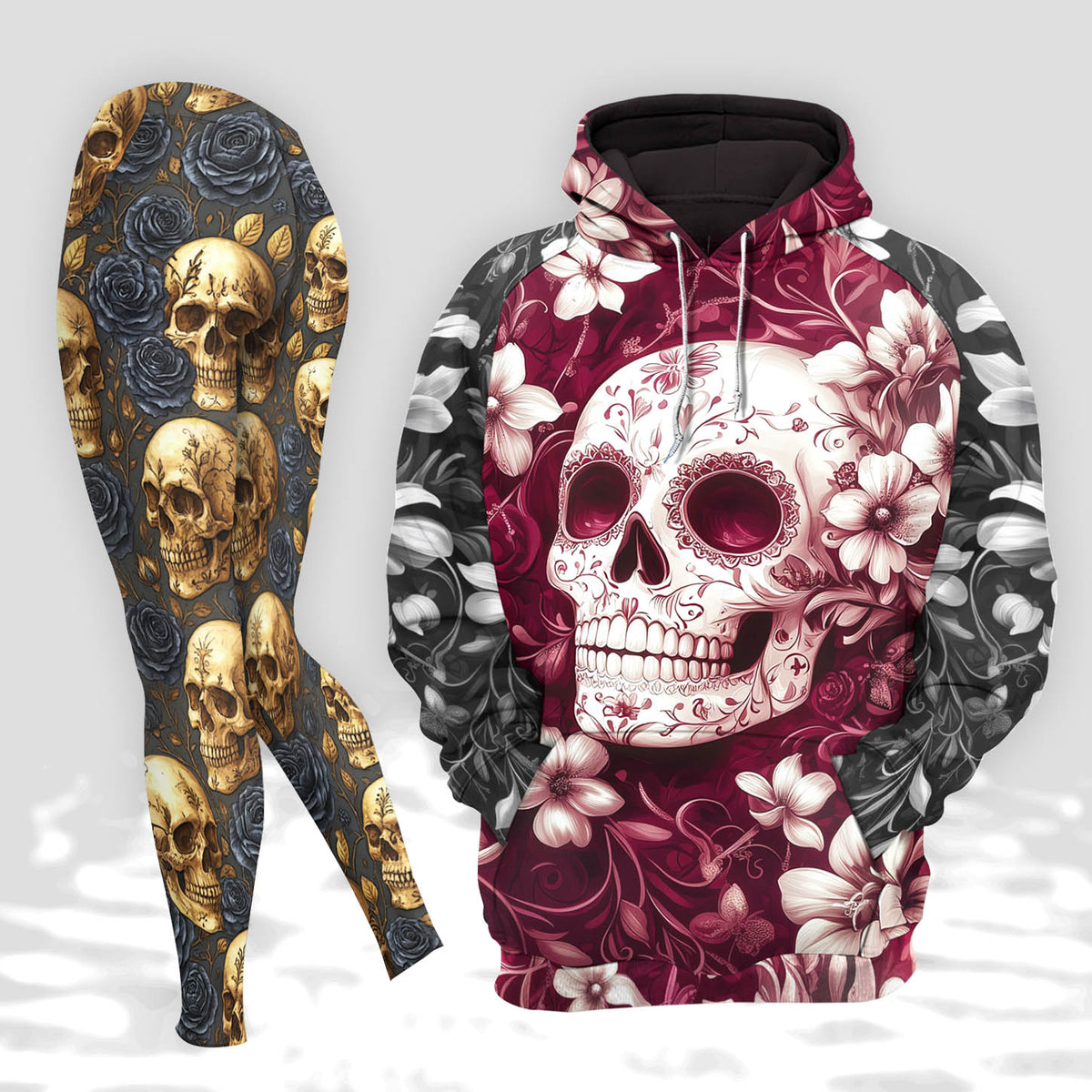 Women Hoodie and Leggings, Velvet Skull Garden Outwear Pants Outfit