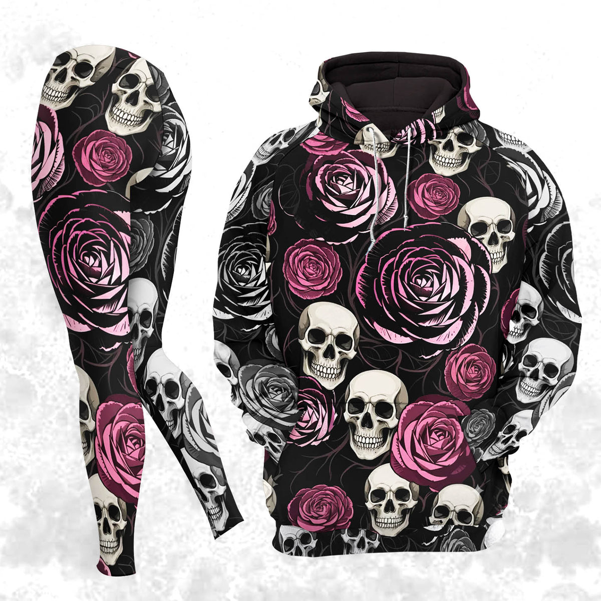 Women Hoodie and Leggings, Pastel Rose Skull Bloom Outwear Pants Outfit