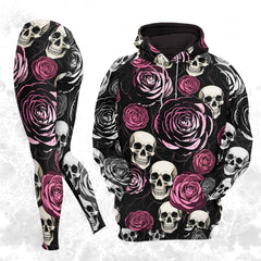 Women Hoodie and Leggings, Pastel Rose Skull Bloom Outwear Pants Outfit